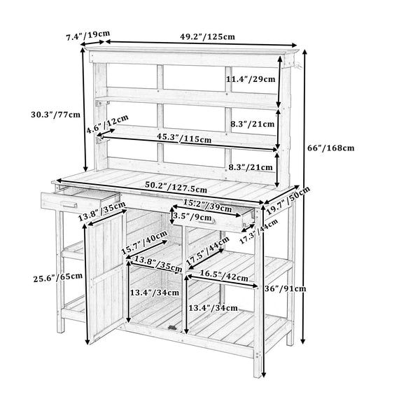 English Elm TOPMAX 66" Potting Bench Gray - Fir Wood Garden Workstation with 36" Counter, 2 Drawers, Shelves, Anti-Tip Device N717P221500E