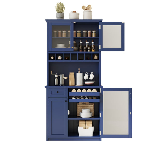 English Elm Topmax Farmhouse Buffet Hutch with Wine Rack Shaker Glass Pantry Cabinet Blue N717P327043C