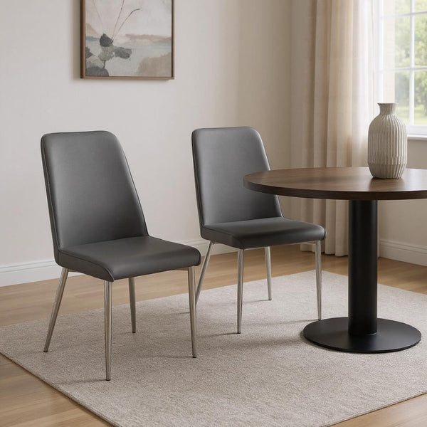 HomeRoots Set of Two Elegant Upholstered Faux Leather Dining Chairs with Sleek Silver Accents for Style Grey 332577