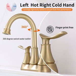 English Elm 2-Handle Brushed Gold Bathroom Faucet - Modern 4-Inch Vanity Sink Mixer With Pop-Up Drain & Hoses T3177P277470
