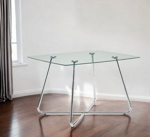 Homeroots 40" Clear And Silver Glass And Metal Pedestal Base Dining Table   332597