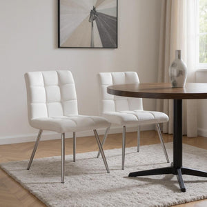 HomeRoots Set of Two Elegant Tufted Upholstered Faux Leather Dining Chairs with Chrome Legs for Modern Spaces White 332598