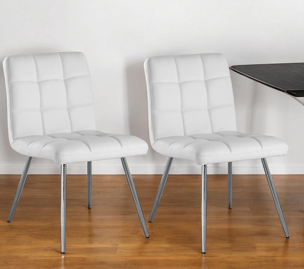 Homeroots Set Of Two Tufted White And Silver Upholstered Faux Leather Dining Side Chairs White Metal 332598