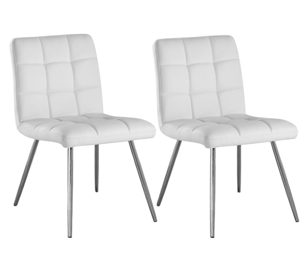 HomeRoots Set of Two Elegant Tufted Upholstered Faux Leather Dining Chairs with Chrome Legs for Modern Spaces White 332598