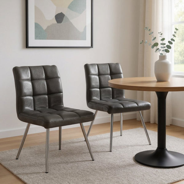 HomeRoots Set of Two Elegant Tufted Upholstered Faux Leather Dining Chairs with Chrome Legs for Modern Spaces Grey 332599