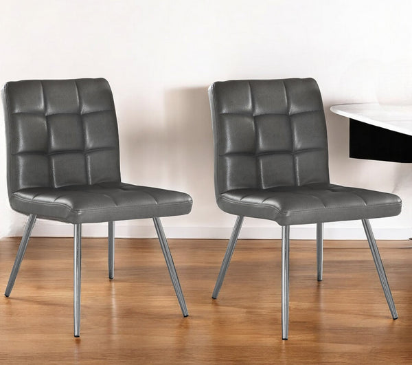 Homeroots Set Of Two Tufted Gray And Silver Upholstered Faux Leather Dining Side Chairs Grey Metal 332599