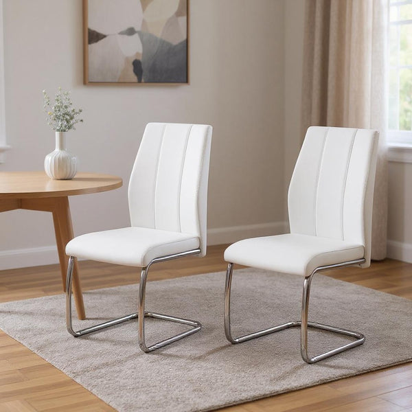 HomeRoots Set of Two Elegant Upholstered Faux Leather Dining Side Chairs with Chrome Finish for Modern Homes White 332601