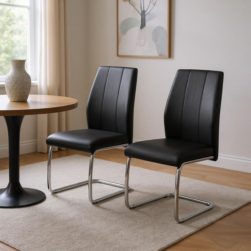 HomeRoots Set of Two Elegant Upholstered Faux Leather Dining Side Chairs with Chrome Finish for Modern Homes Black 332602