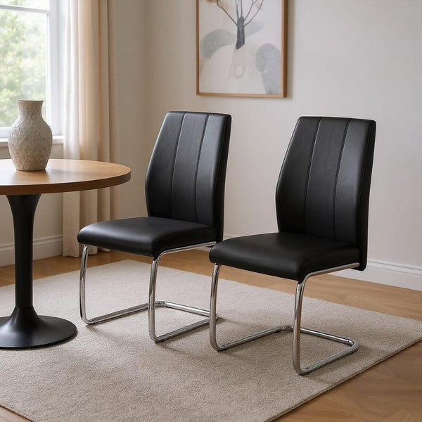 HomeRoots Set of Two Elegant Upholstered Faux Leather Dining Side Chairs with Chrome Finish for Modern Homes Black 332602
