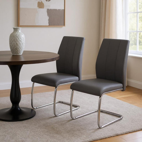 HomeRoots Set of Two Elegant Upholstered Faux Leather Dining Side Chairs with Chrome Finish for Modern Homes Grey 332603