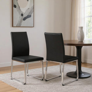 HomeRoots Set of Two Stylish Upholstered Faux Leather Dining Side Chairs with Modern Chrome Frame Design Black 332609