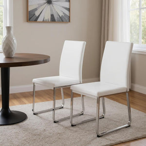 HomeRoots Set of Two Stylish Upholstered Faux Leather Dining Side Chairs with Modern Chrome Frame Design White 332610