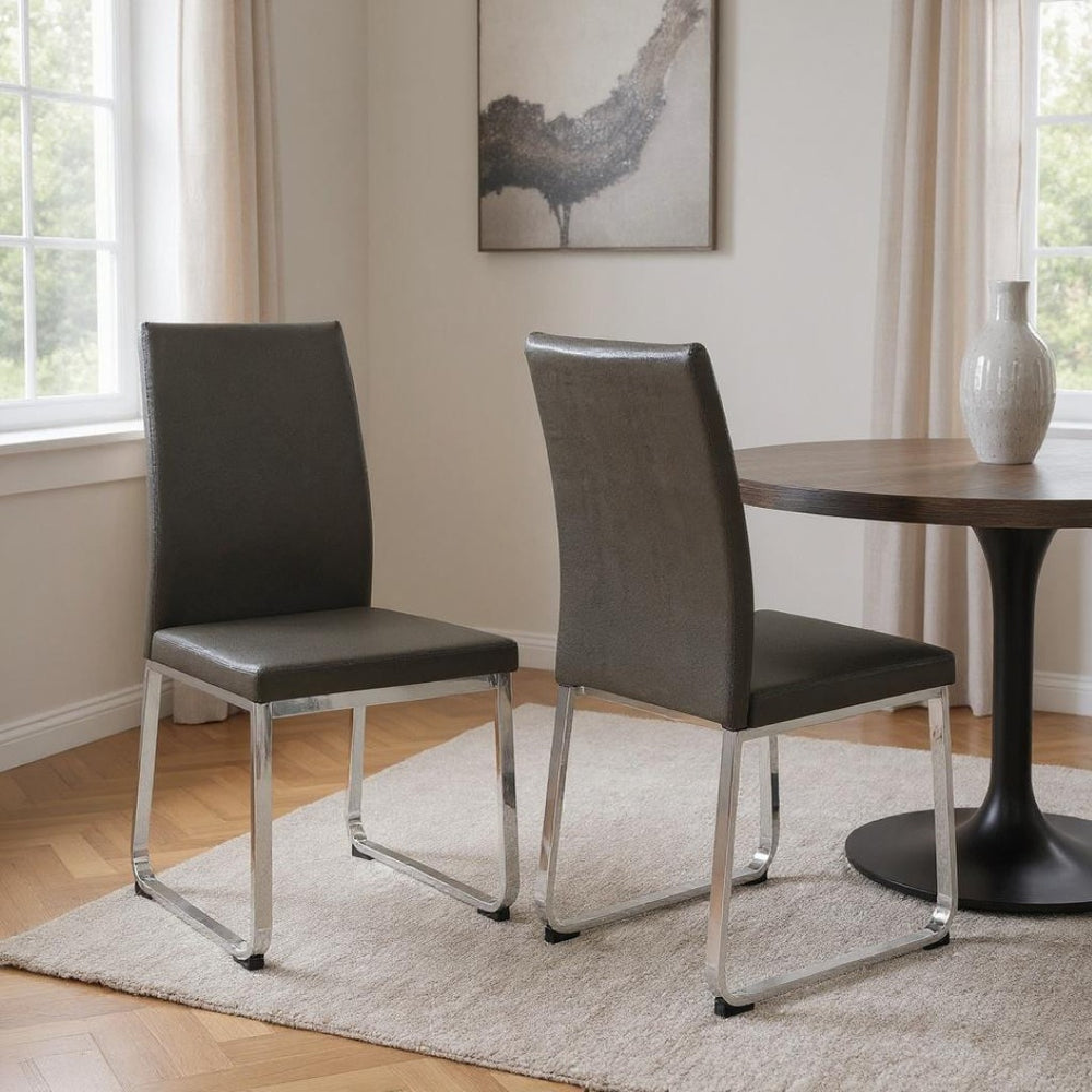 HomeRoots Set of Two Stylish Upholstered Faux Leather Dining Side Chairs with Modern Chrome Frame Design Grey 332611
