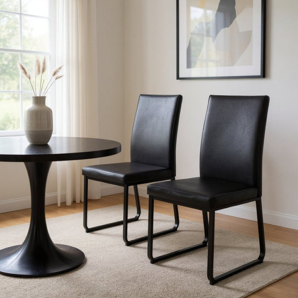 HomeRoots Set of Two Modern Black Faux Leather Dining Chairs with Sturdy Metal Legs for Stylish Comfort 332616