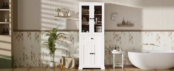 English Elm 67.2" Tall Bathroom Storage Cabinet with Tempered Glass Doors, Adjustable Shelves, Soft-Close Hinges and Anti-Tip Safety White N729P310006K