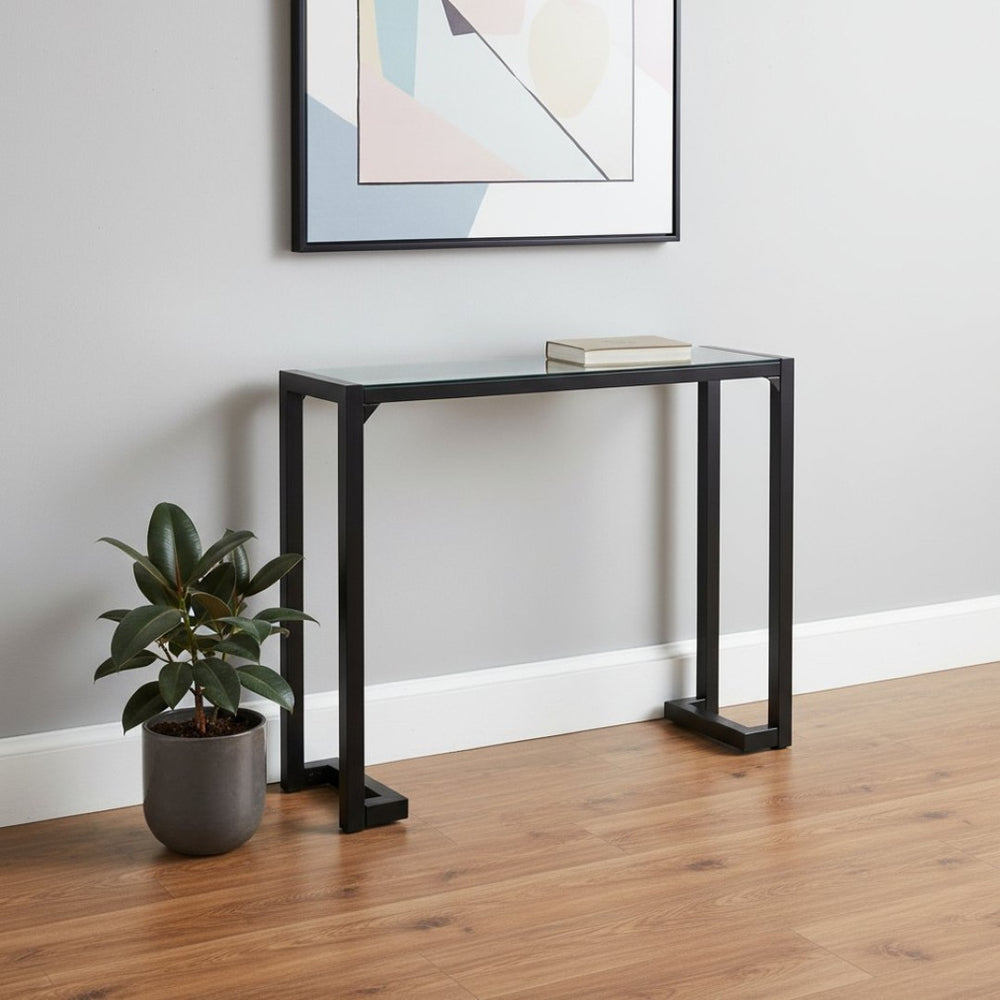 HomeRoots 42" Sleek Clear Glass Console Table with Black Metal Base – Modern Entryway & Living Room Accent 332721
