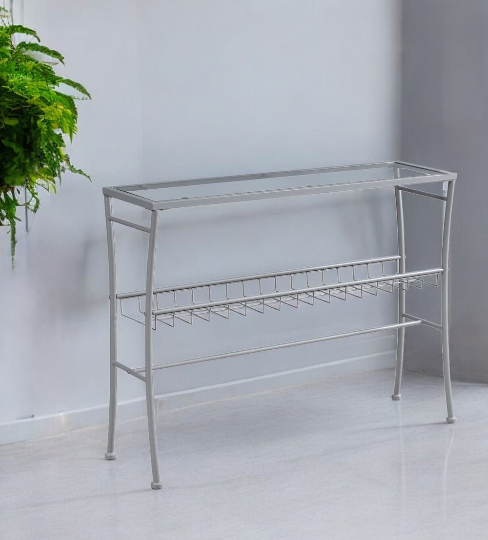 Homeroots 42" Clear And Silver Glass Console Table With Storage   332732