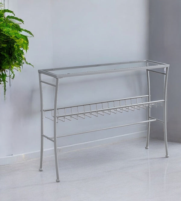 Homeroots 42" Clear And Silver Glass Console Table With Storage   332732