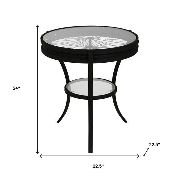 HomeRoots 24" Modern Black & Clear Glass Round End Table with Integrated Shelf for Stylish Storage Solutions 332738