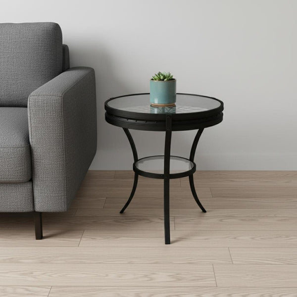 HomeRoots 24" Modern Black & Clear Glass Round End Table with Integrated Shelf for Stylish Storage Solutions 332738