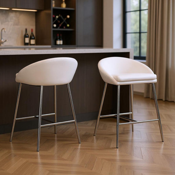 HomeRoots Set of Two 24" Stylish White and Silver Metal Low Back Bar Chairs for Modern Kitchen & Dining Spaces 332749