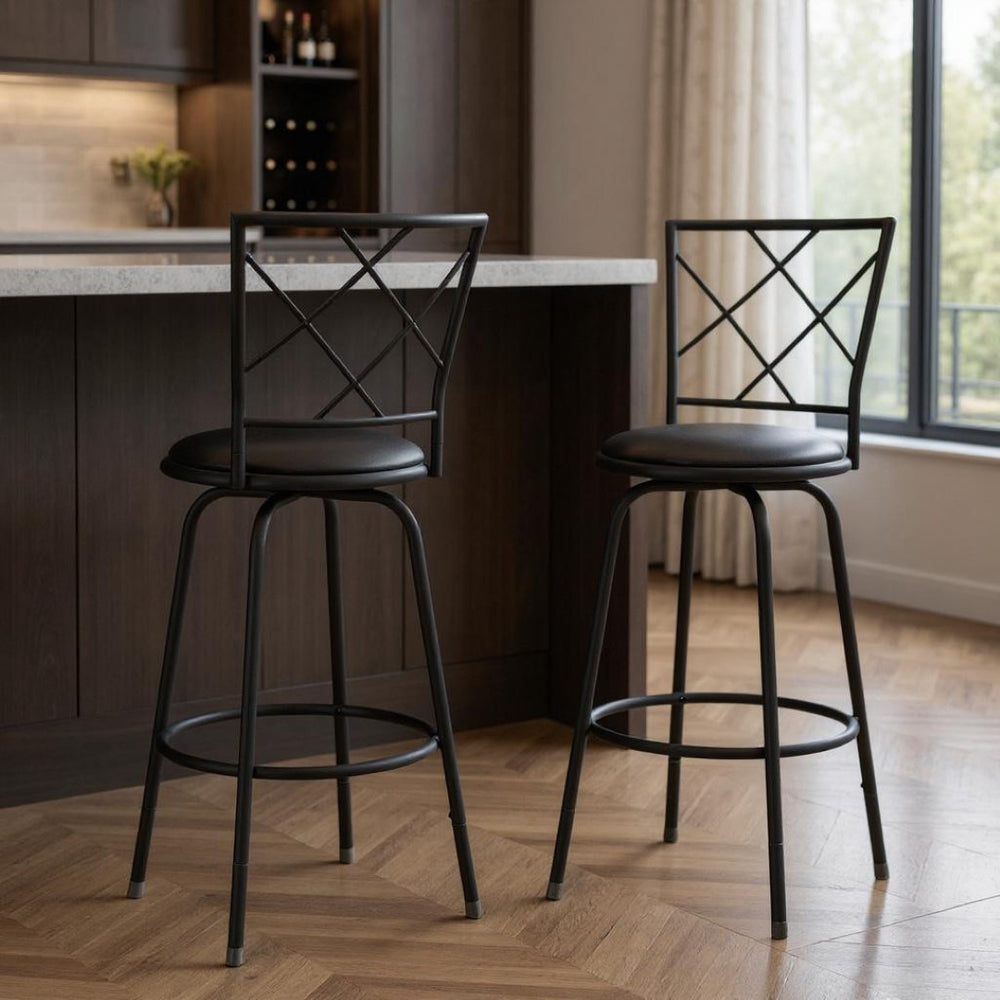 HomeRoots Set of Two Black Metal Bar Chairs - Contemporary Industrial Style with Upholstered Comfort & Stability 332773