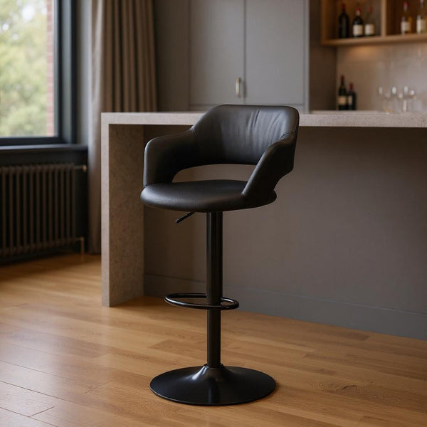 HomeRoots Black Adjustable Height Swivel Bar Chair - Modern Faux Leather & Metal Low Back Design for Comfort 332777