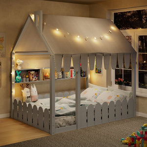 English Elm {slats Are Not Included} Twin Montessori House Floor Bed Kids Tent Lights Shelves Pinewood Frame Gray N708P407963E
