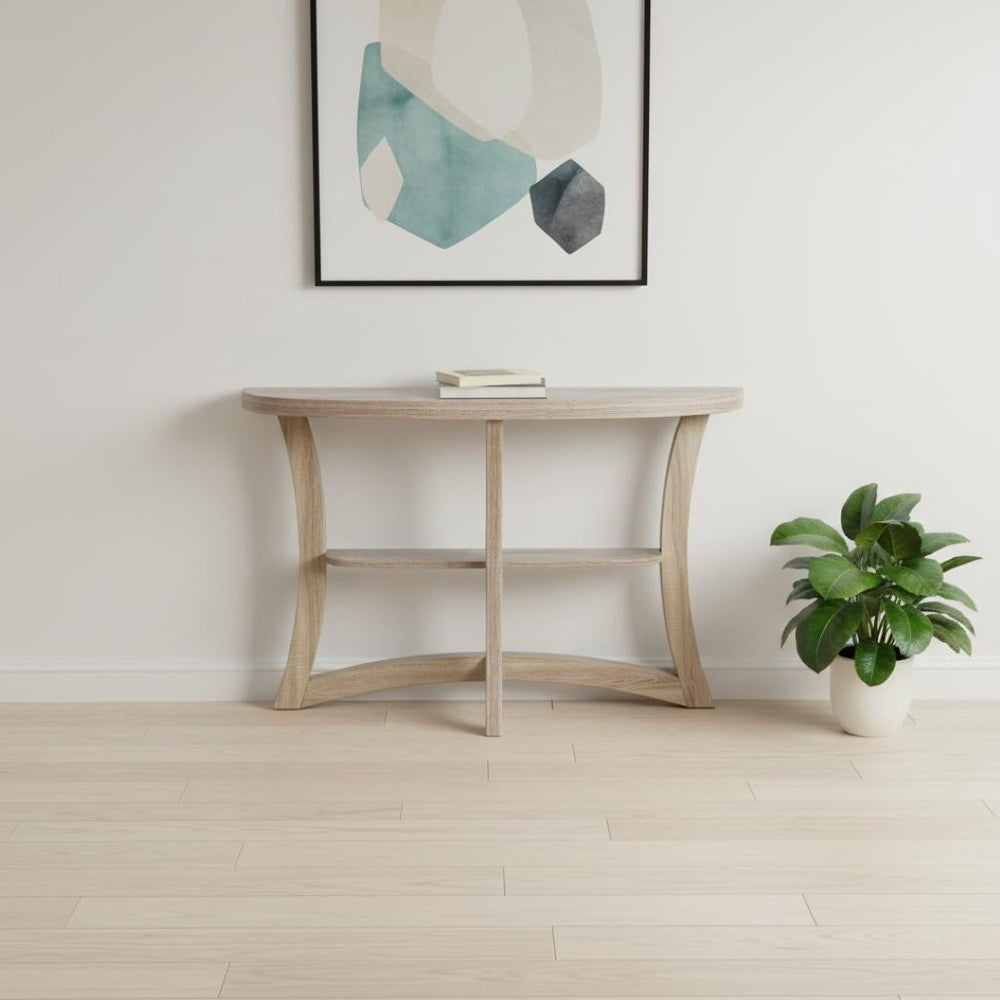 HomeRoots 47" Taupe Half Moon Console Table - Stylish 3-Leg Design with Open Shelf for Elegant Spaces 332795