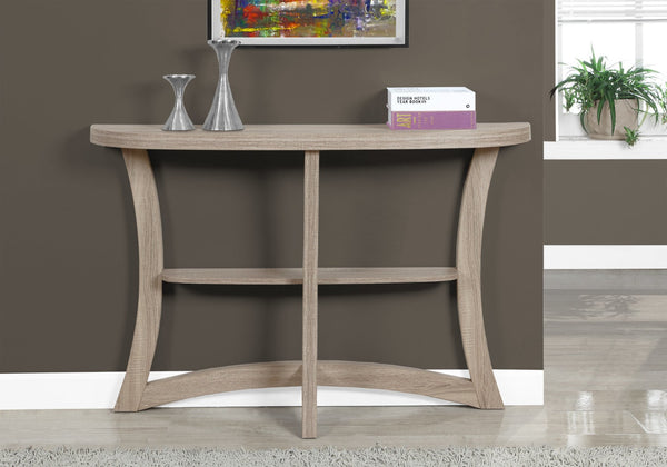 HomeRoots 47" Taupe Half Moon Console Table - Stylish 3-Leg Design with Open Shelf for Elegant Spaces 332795