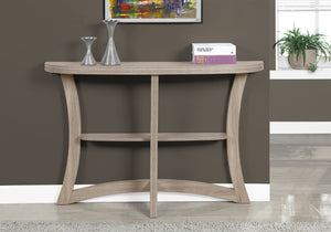 HomeRoots 47" Taupe Half Moon Console Table - Stylish 3-Leg Design with Open Shelf for Elegant Spaces 332795