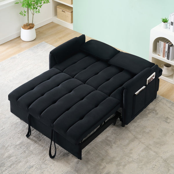 English Elm 52 Black Modern Velvet Sofa Bed 3-in-1 Convertible Loveseat with Pillows, Pockets, Metal Legs, 500lb Capacity W1658P266335