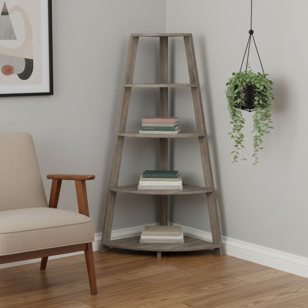HomeRoots 60" Taupe Wood Four-Tier Corner Bookcase – Stylish Space-Saving Storage for Modern Homes & Offices 332800