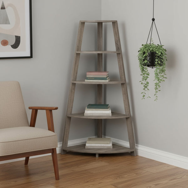 HomeRoots 60" Taupe Wood Four-Tier Corner Bookcase – Stylish Space-Saving Storage for Modern Homes & Offices 332800