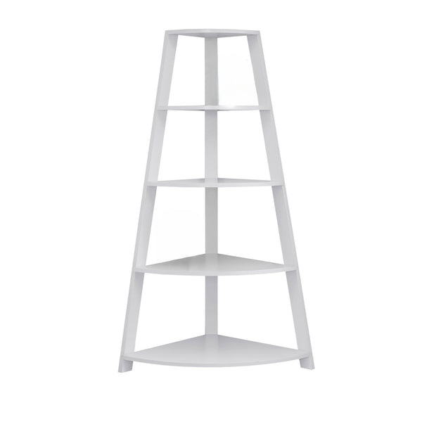 HomeRoots White Wood Corner Bookcase - Stylish Four-Tier Storage Solution for Modern Spaces and Décor 332801