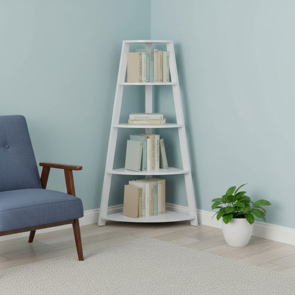 HomeRoots White Wood Corner Bookcase - Stylish Four-Tier Storage Solution for Modern Spaces and Décor 332801