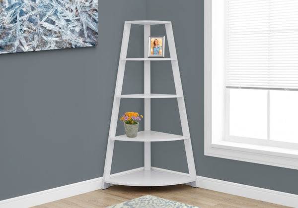 HomeRoots White Wood Corner Bookcase - Stylish Four-Tier Storage Solution for Modern Spaces and Décor 332801