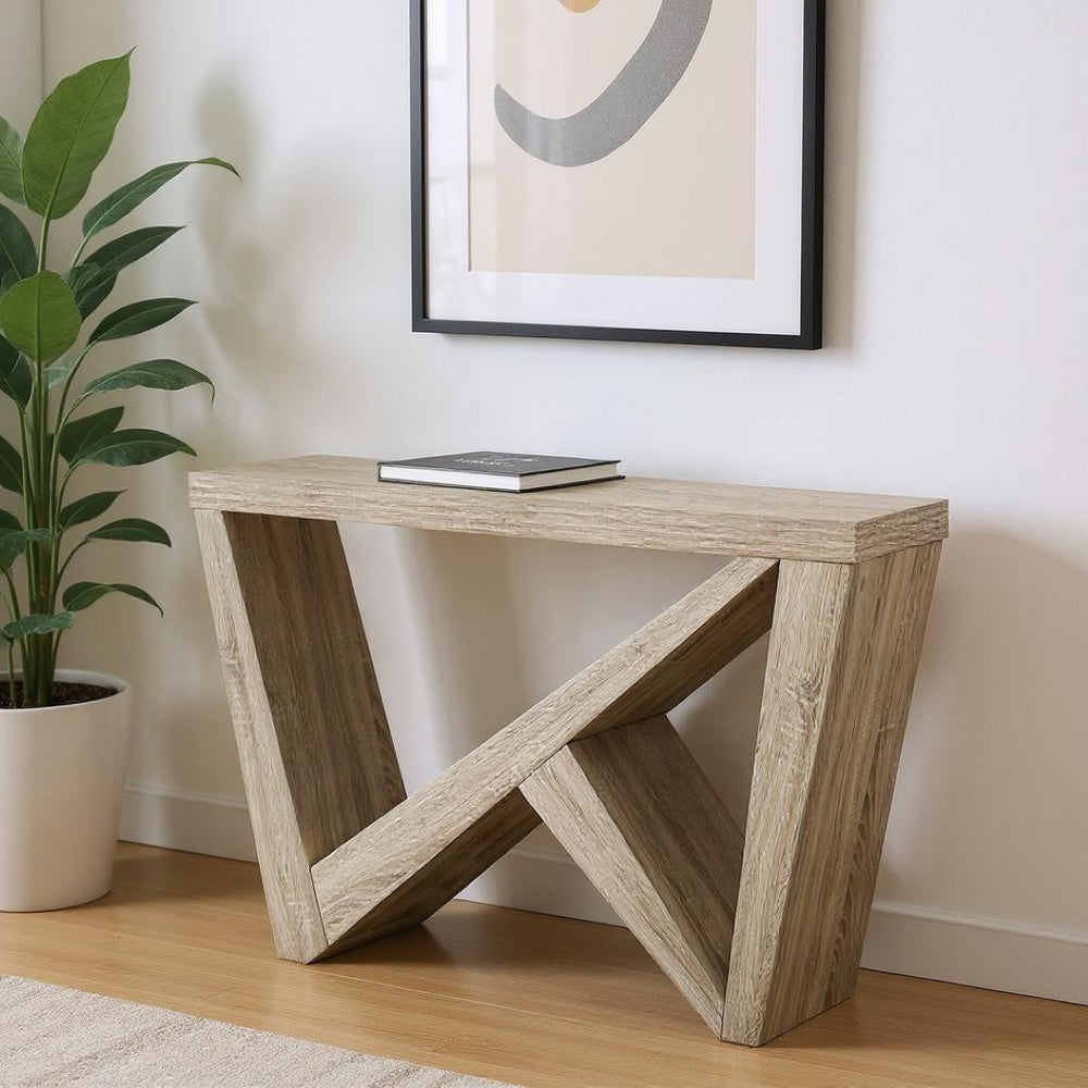 HomeRoots 47" Taupe Abstract Console Table – Stylish Entryway Furniture with Sculptural Base & Easy Care Design 332807