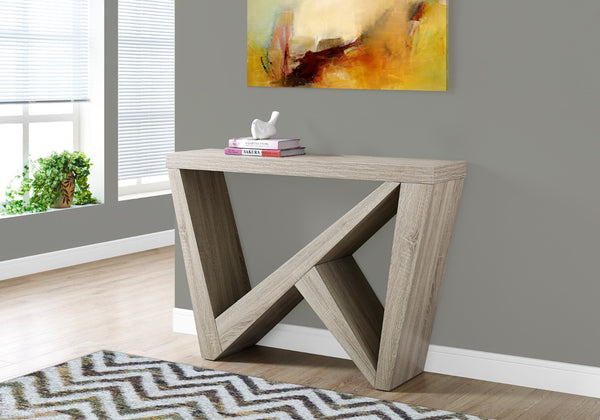 HomeRoots 47" Taupe Abstract Console Table – Stylish Entryway Furniture with Sculptural Base & Easy Care Design 332807