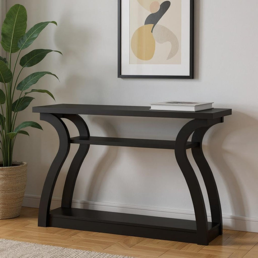 HomeRoots 47" Sleek Black Console Table with Dual Shelves for Stylish Storage in Entryways and Living Rooms 332810