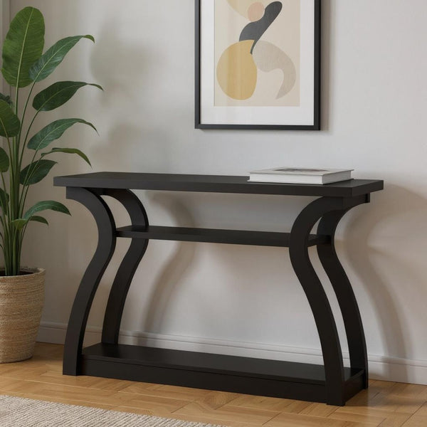 HomeRoots 47" Sleek Black Console Table with Dual Shelves for Stylish Storage in Entryways and Living Rooms 332810
