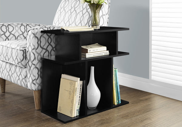 HomeRoots 24" Black Wood End Table with 6 Open Shelves - Modern Versatile Design for Small Spaces and Storage 332834