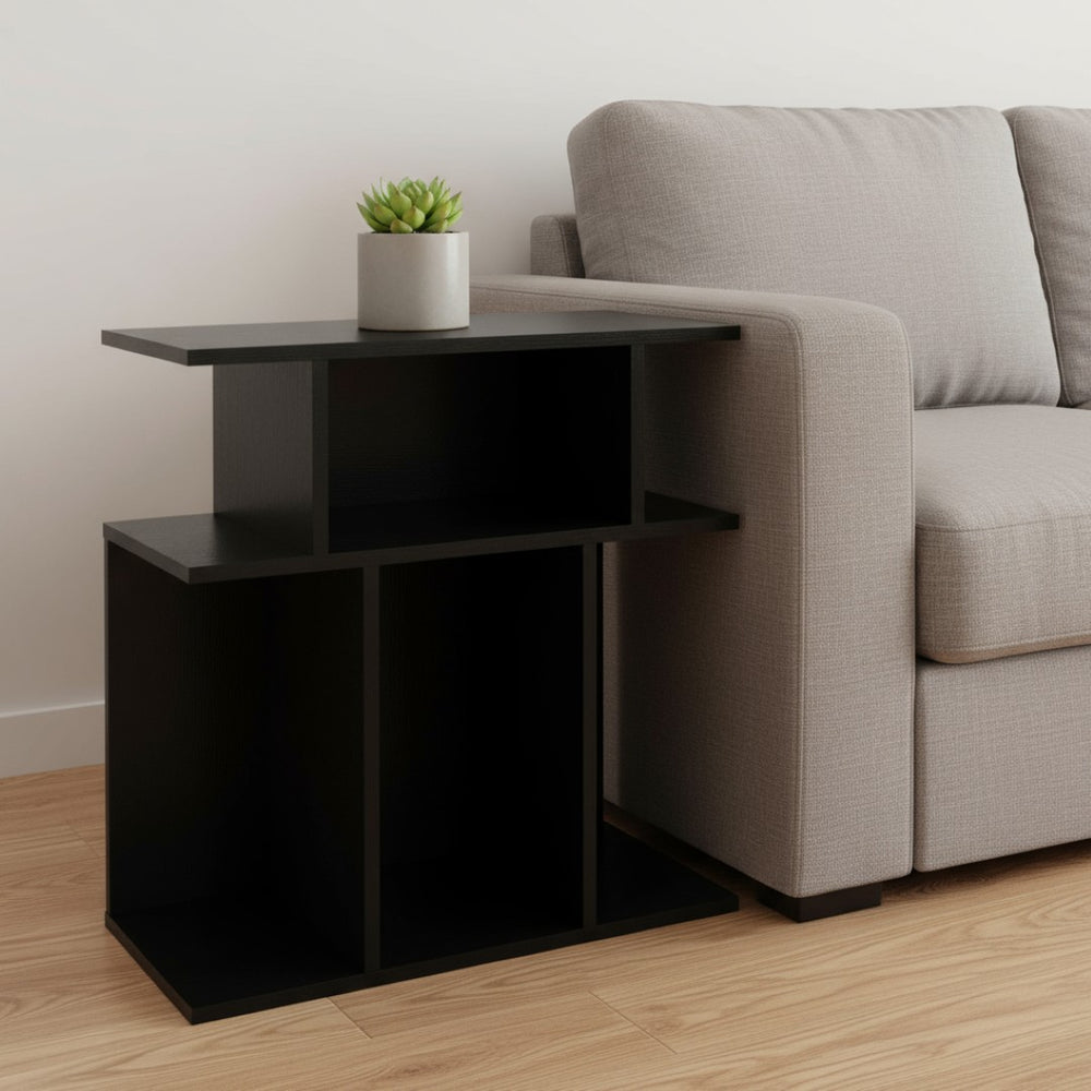 HomeRoots 24" Black Wood End Table with 6 Open Shelves - Modern Versatile Design for Small Spaces and Storage 332834