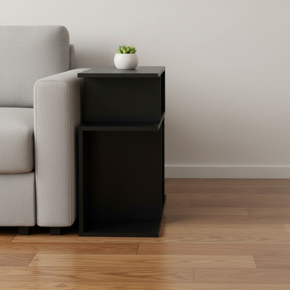 HomeRoots 24" Black Wood End Table with 6 Open Shelves - Modern Versatile Design for Small Spaces and Storage 332834