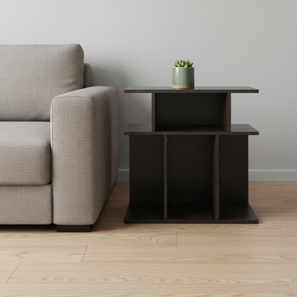 HomeRoots 24" Brown Wood End Table with Six Open Shelves - Stylish, Compact Storage for Any Room Decor 332835