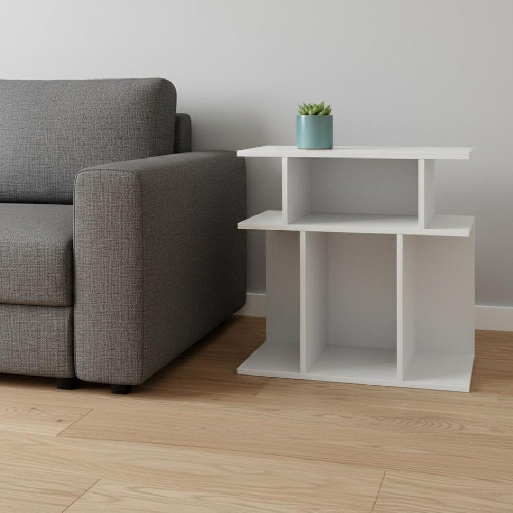 HomeRoots 24" White Wood End Table - Stylish Compact Design with 6 Open Shelves for Smart Storage Solutions 332836