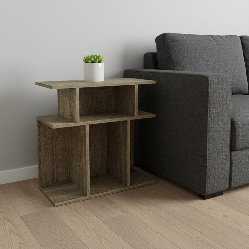 HomeRoots 24" Deep Taupe End Table with 6 Shelves - Stylish Storage Solution for Small Spaces & Modern Homes 332837