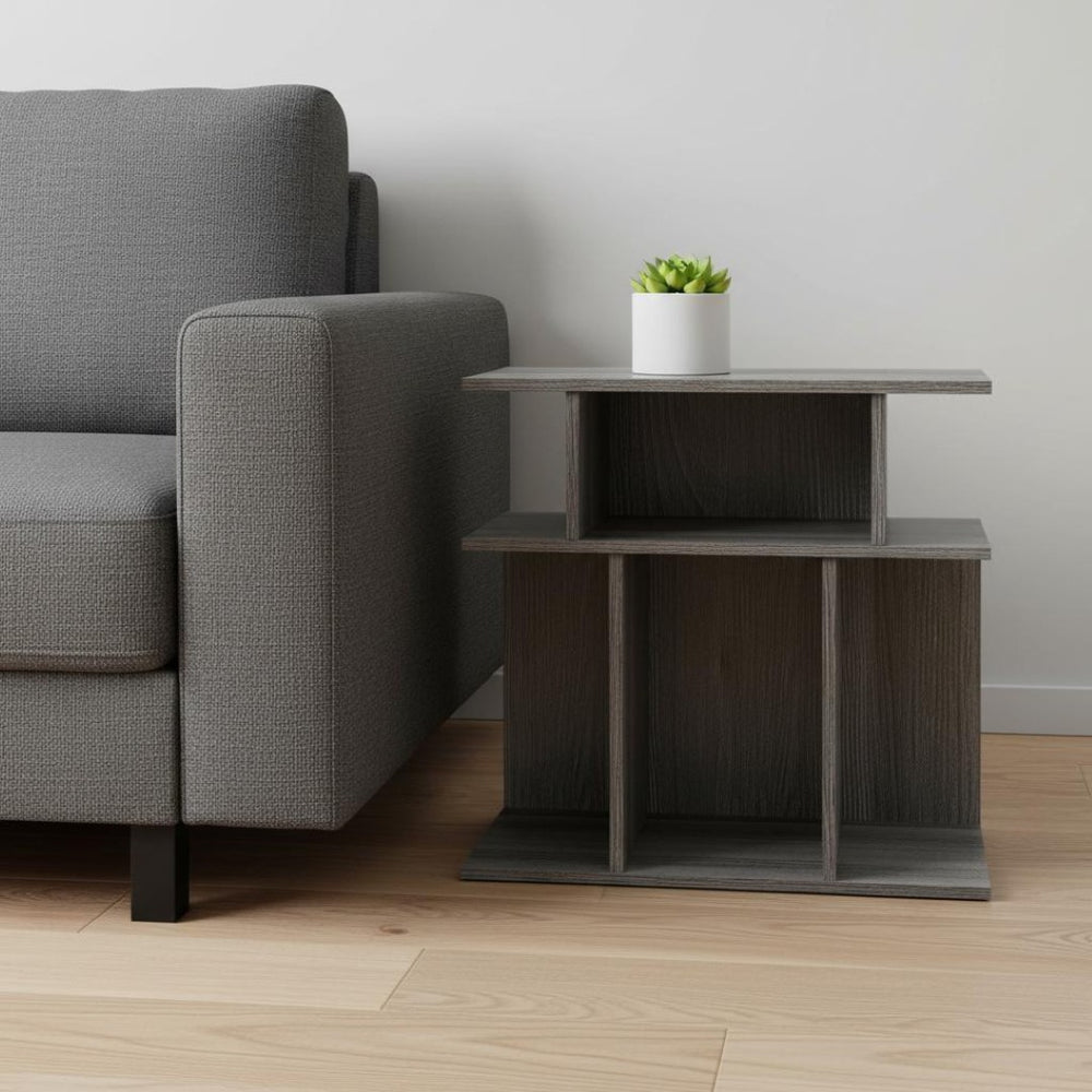 HomeRoots 24" Dark Gray Wood End Table - Stylish Six-Shelf Storage Solution for Compact Spaces & Modern Decor 332842
