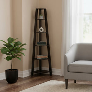 HomeRoots 71" Espresso Wood Five-Tier Corner Bookcase for Stylish Storage and Display in Any Room Cappuccino 332851