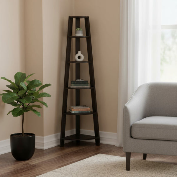 HomeRoots 71" Espresso Wood Five-Tier Corner Bookcase for Stylish Storage and Display in Any Room Cappuccino 332851